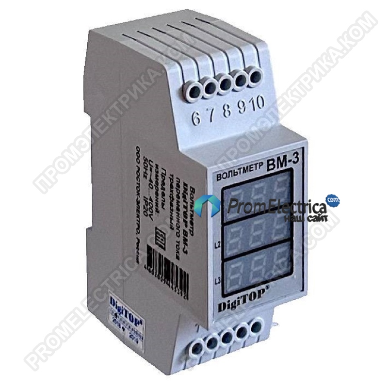 ВМ-3 BLUE Вм-3 Вольтметр Digitop blue, Пределы измерений для каждой фазы: ~100 B … ~400 B, Корпус на DIN-рейку шириной 2 модуля 17,5 мм.