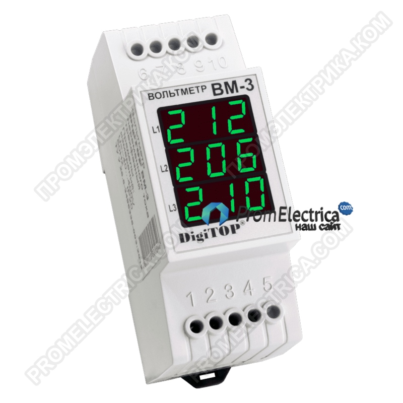ВМ-3 GREEN Вм-3 Вольтметр Digitop green, Пределы измерений для каждой фазы: ~100 B … ~400 B, Корпус на DIN-рейку шириной 2 модуля 17,5 мм.