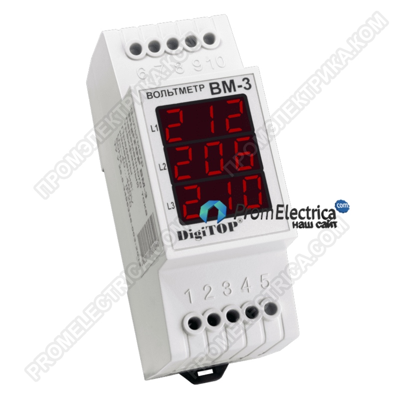 ВМ-3 RED Вм-3 Вольтметр Digitop red, Пределы измерений для каждой фазы: ~100 B … ~400 B, Корпус на DIN-рейку шириной 2 модуля 17,5 мм.