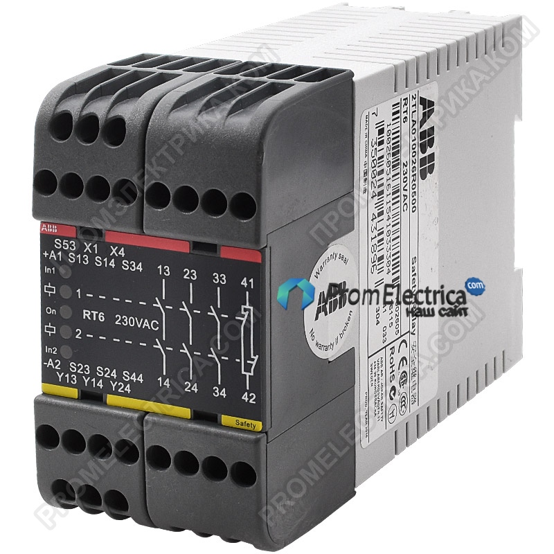 2TLA010026R0500 Реле безопасности, 230 В AC, 3PST-NO, SPST-NC, Серия RT6, DIN-рейка, 6 А, Винт