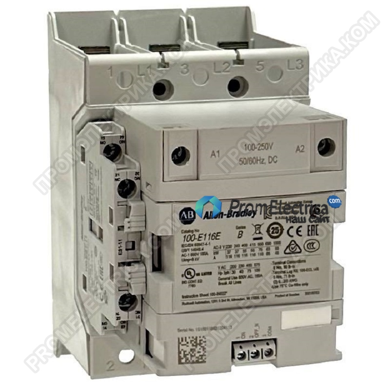 100-E116ED11 Контактор 3х полюсный, 116А, 55kW, управление 100-250V AC/DC, доп контакты 1NO/1NC, Allen Bradley